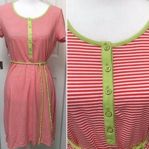 HPx2 🎉 LANDS END Coral/White Nautical Striped Knit Dress Neon Trim M